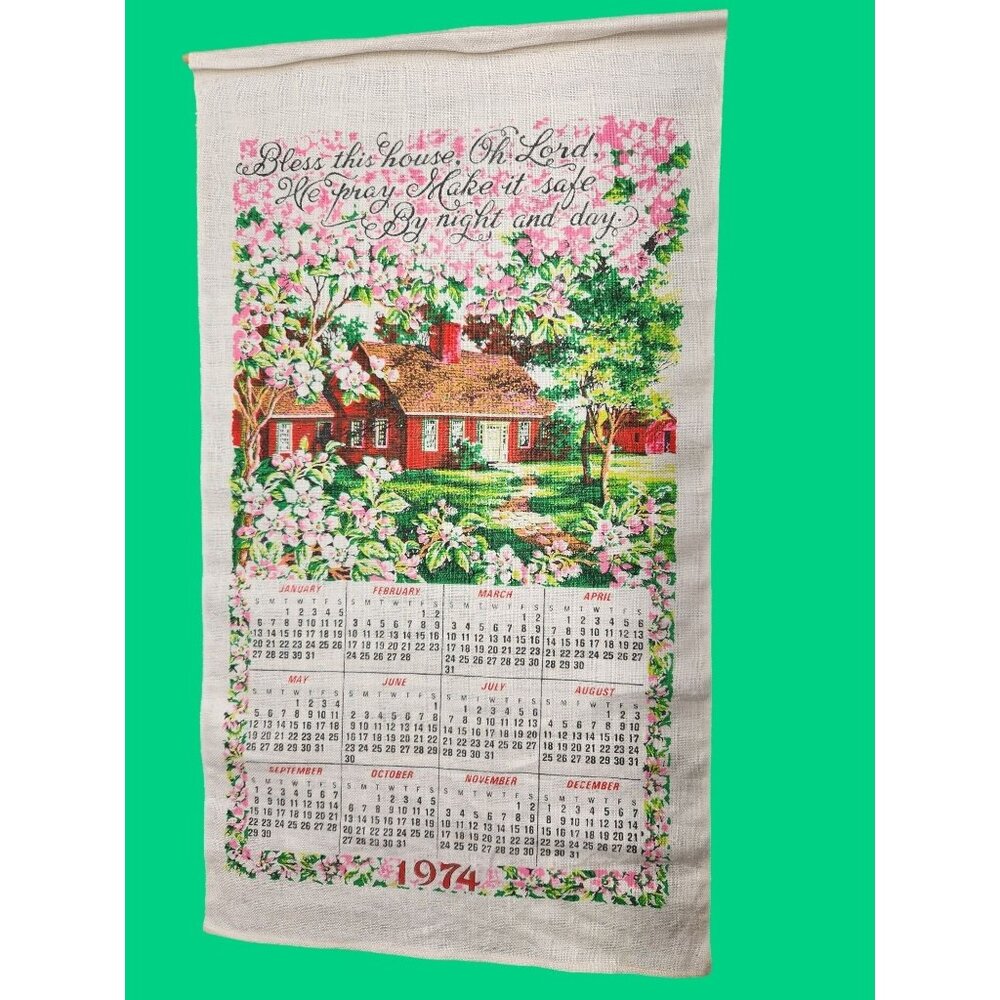 VTG 1974 Calendar Tapestry With Floral Cottage & Bless This House O Lord Quote